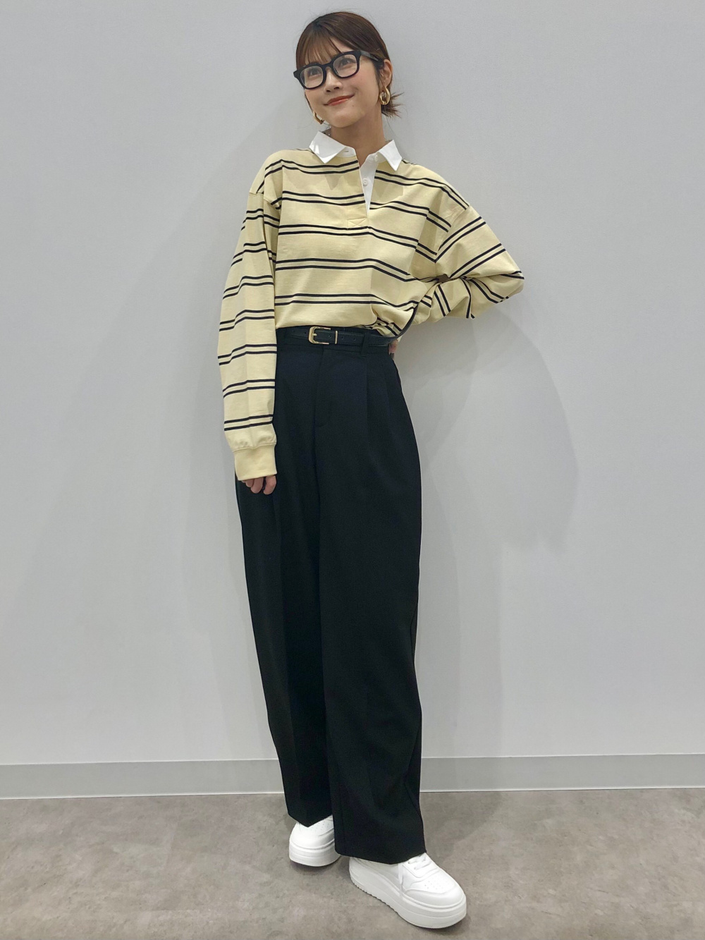 ボーダーラガーシャツ(長袖)Q、タックワイドパンツ(丈標準70.0