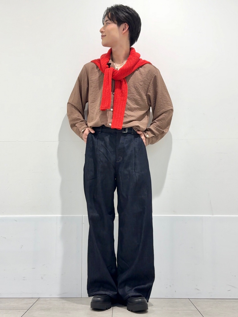 ★確認用★コメント★ Textured Open Collar Shirt、Light Denim Belted Wide Pants