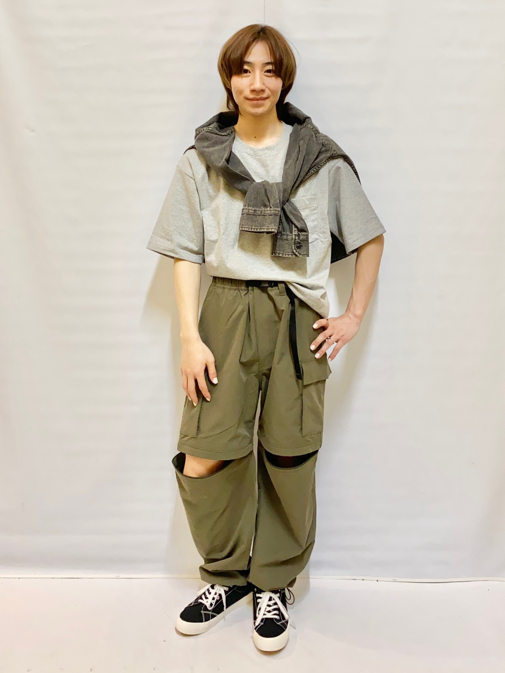 |終末| ウォッシュ デニムTシャツ 袖ポケット セットアップ可 デニムマルチポケットベスト(セットアップ可能)、ウォッシュド
