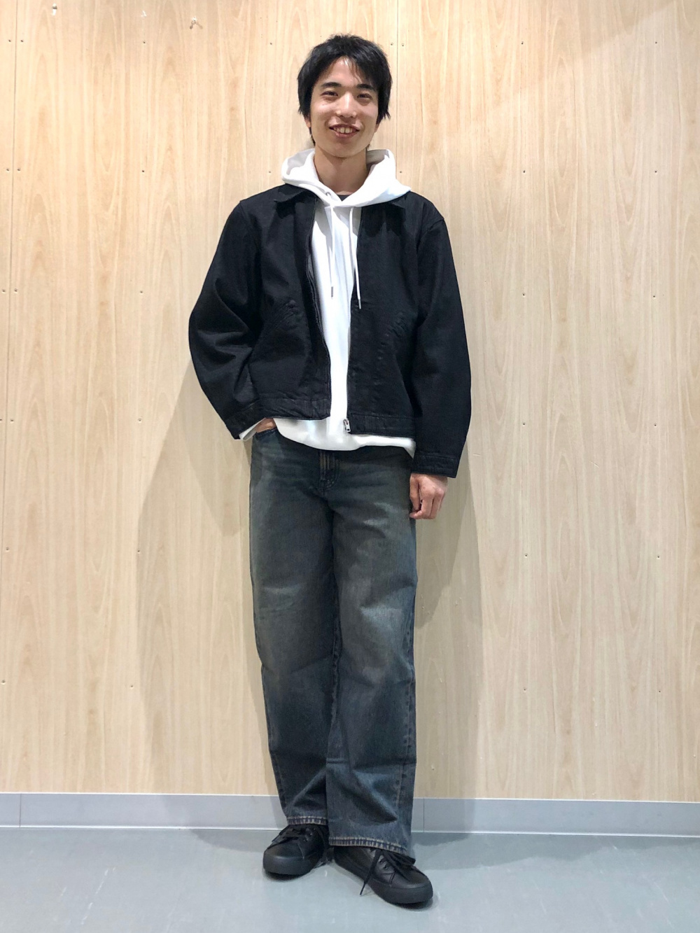 デニムジップアップジャケット、テクスチャーオープンカラーチェック