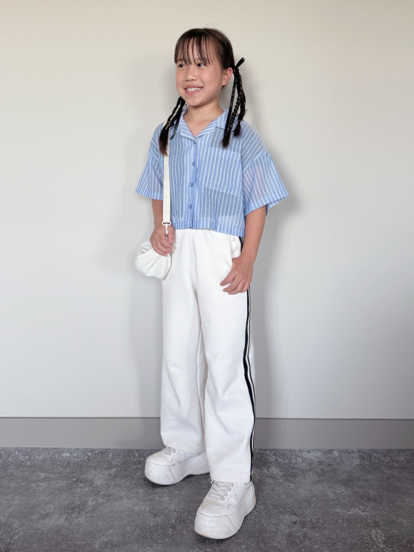  ストライプ クロップドTシャツ GIRLSシアークロップドストライプシャツ(半袖)JR+E、GIRLSクロップドT