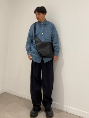 GU バレルレッグスラックス　ガラ　柄　ストライプ　ネイビー　XL GU公式 | バレルレッグスラックス(柄)