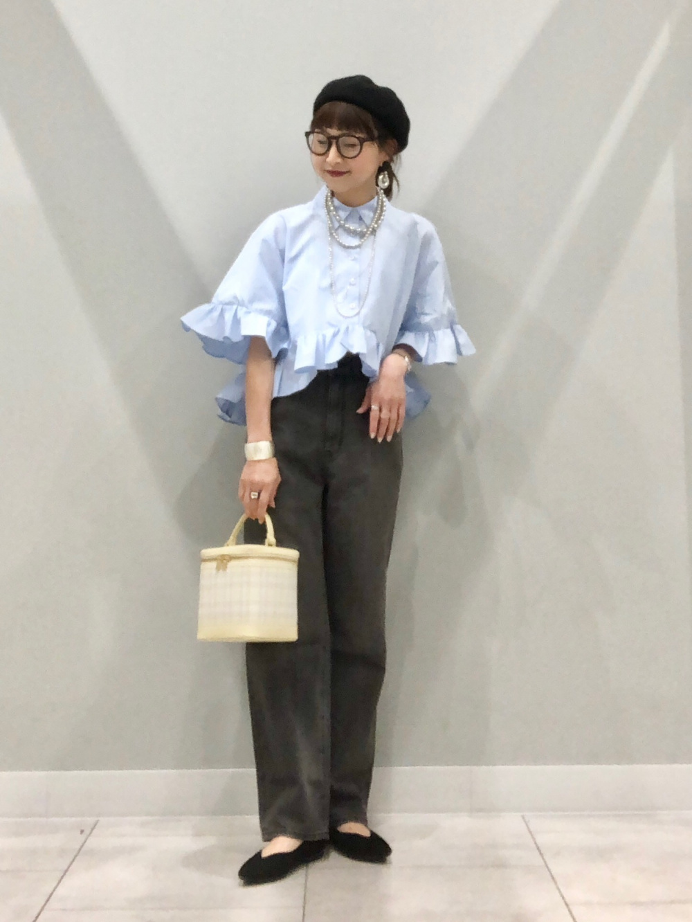 ボーダーラガーシャツ(長袖)Q、2トーンバレルレッグジーンズ(丈