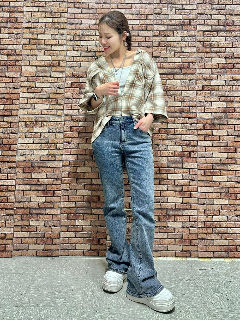 トップス Chio Check styling ideas for「Mesh Sweater、Bra-Feel 2Way Cropped