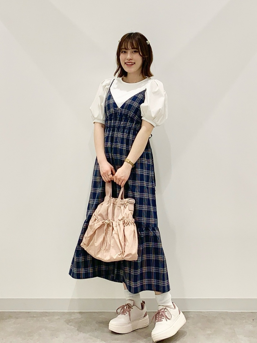 ボリュームスリーブT Z、チェックキャミソールワンピース(丈標準