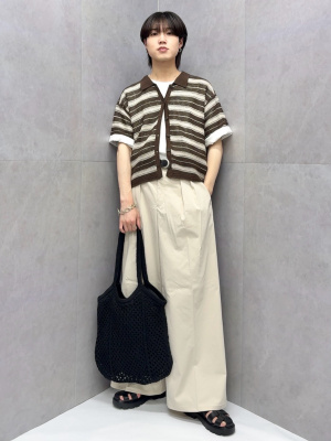 GU公式 | 透かし編みボーダーニットシャツ(半袖)