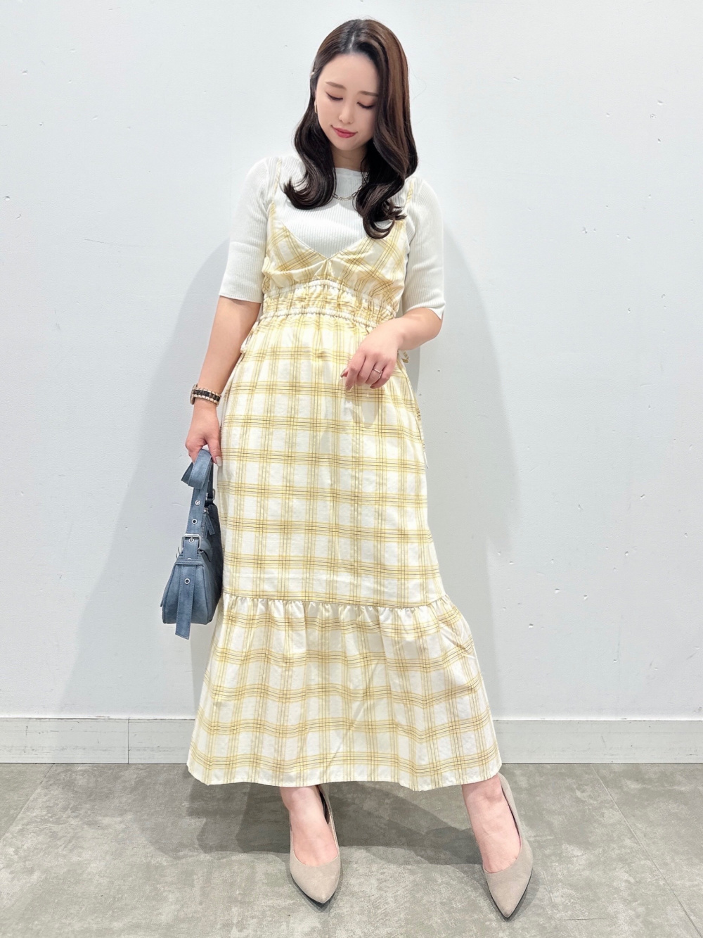 リブボートネックセーター(5分袖)Z、チェックキャミソール