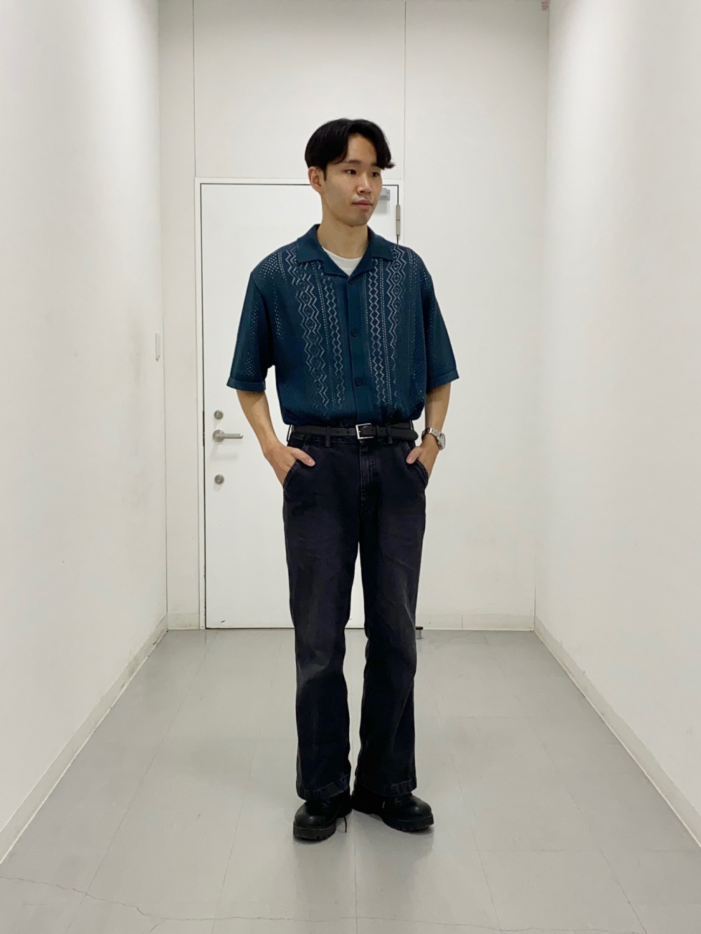 Washable Mesh Knitted Shirt/Halfslv、Draped Wide Pants/Z+EC