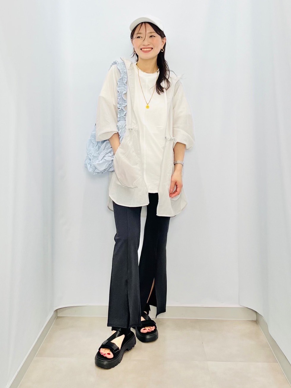 ドライワイドT(5分袖)、UVカットクロップドカーディガン(長袖