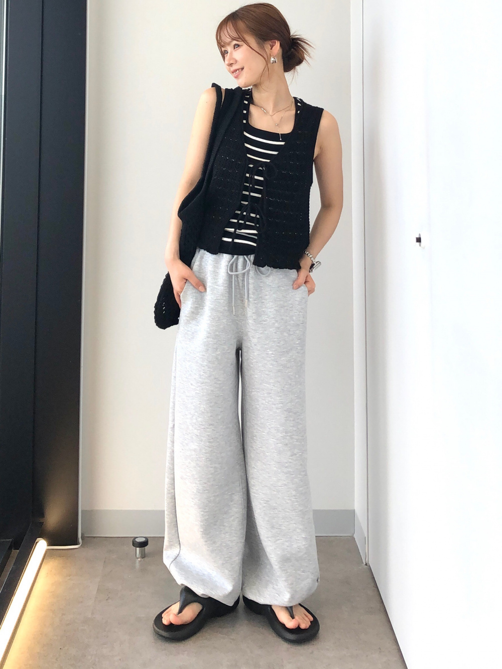 リブタンクトップ+E、ケーブルメタルボタンカーディガン(半袖