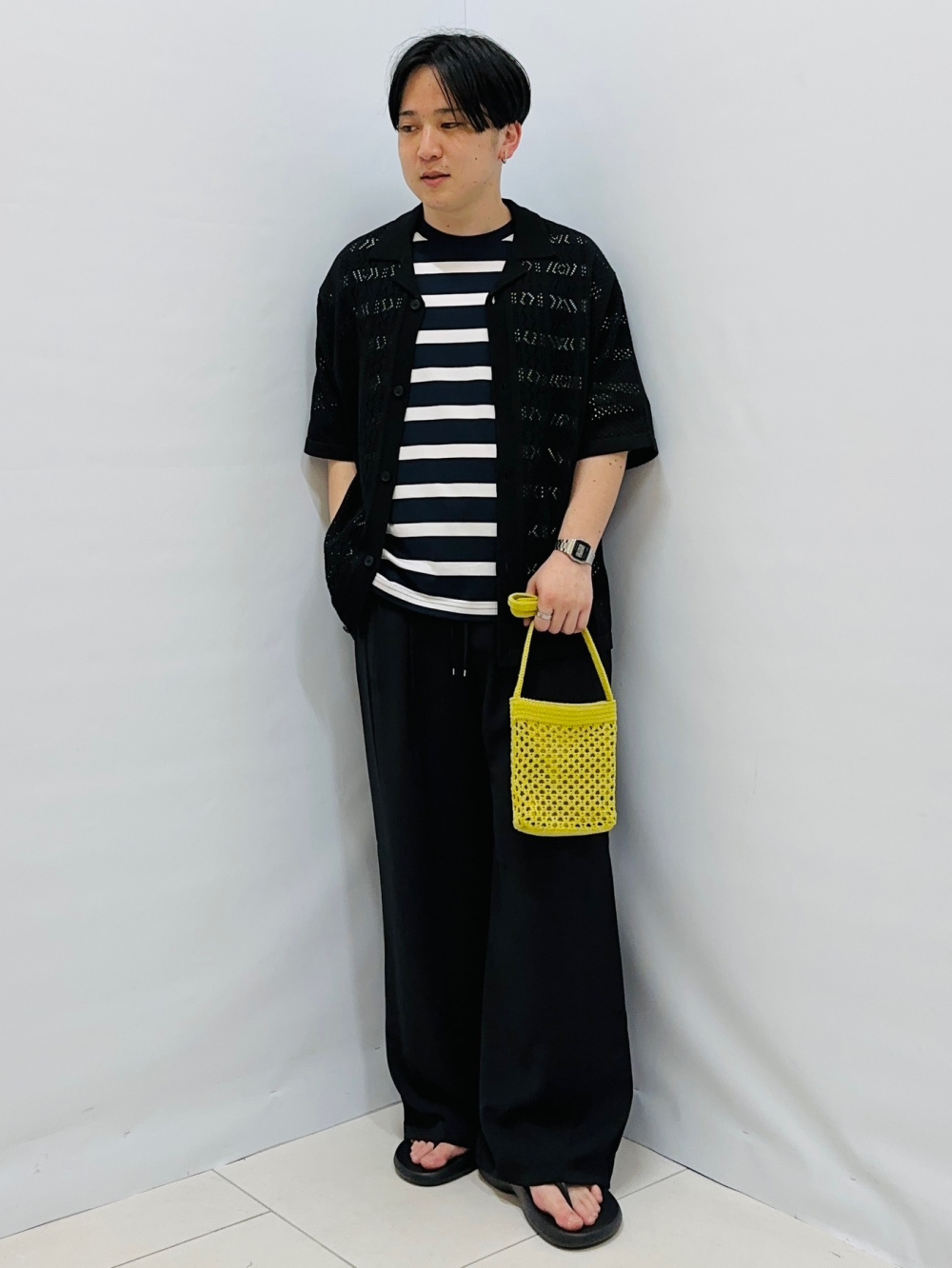 Washable Mesh Knitted Shirt/Halfslv、Draped Wide Pants/Z+EC