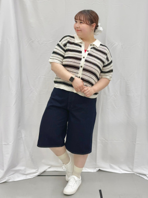 GU公式 | 透かし編みボーダーニットシャツ(半袖)