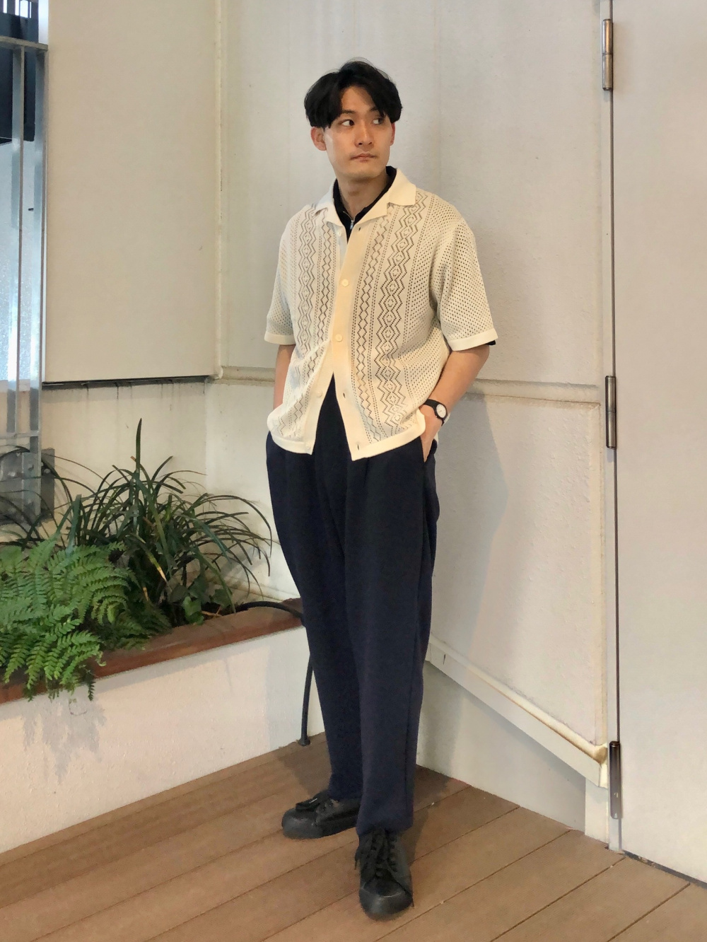 Washable Mesh Knitted Shirt/Halfslv、Draped Wide Pants/Z+EC