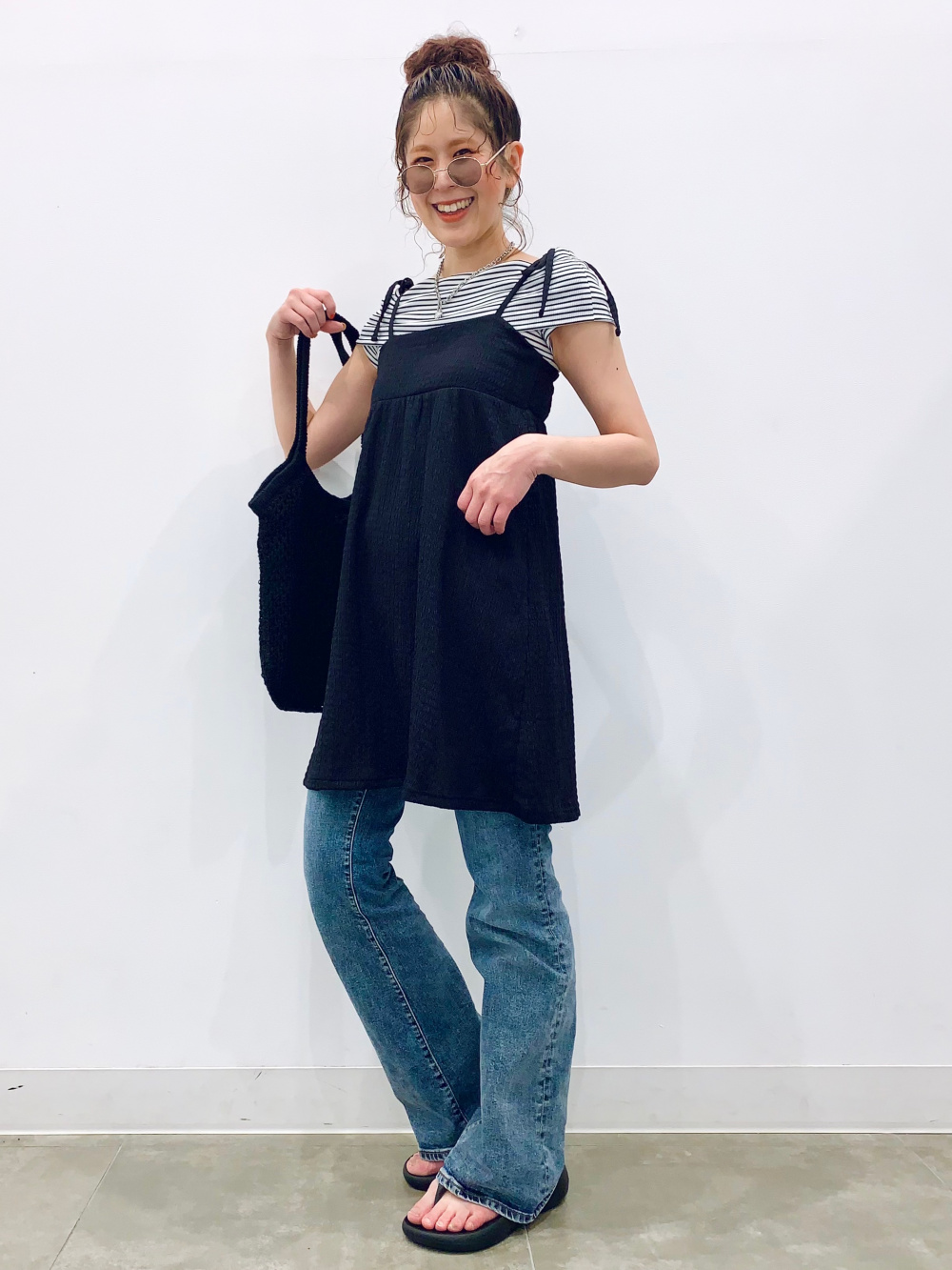 B6575 水洗い ゆったり 88秋コーデ シングルブレスト ドライウエストタックT、ダブルブレストジャケット」の着用