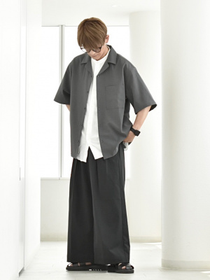 ダークグレー ウールベルテッドワイドパンツ SERACE】Wide straight wool like belted slacks / ワイド