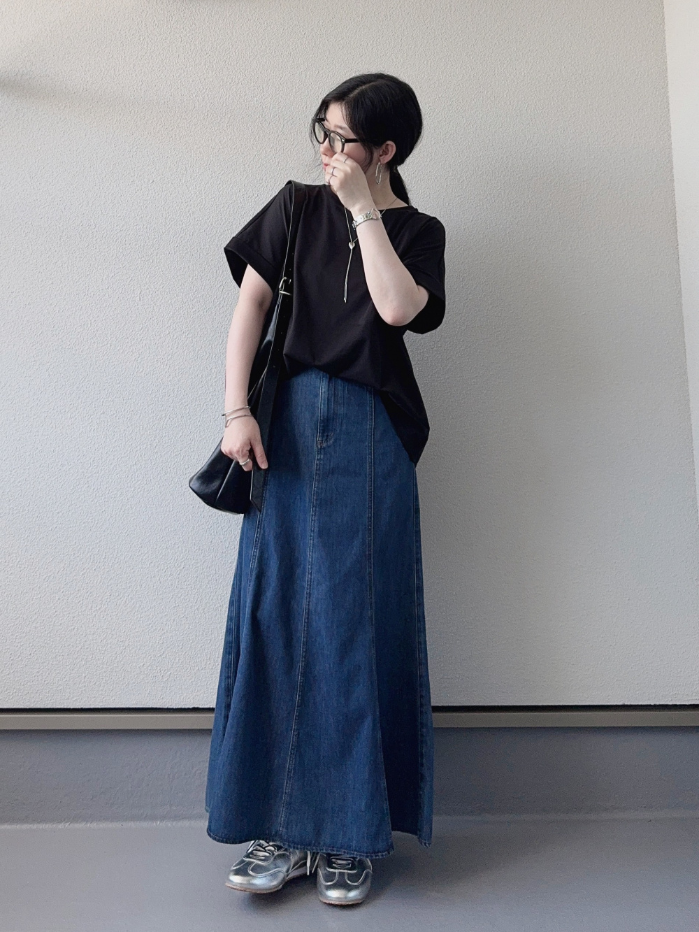 ライトデニムフレアマキシスカート、スライドチェーンハート