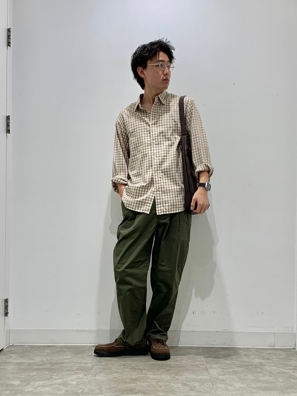コットンチェックシャツ　パンツ コットンチェックシャツ、チノキャロットパンツ(丈標準69.5～73.5cm