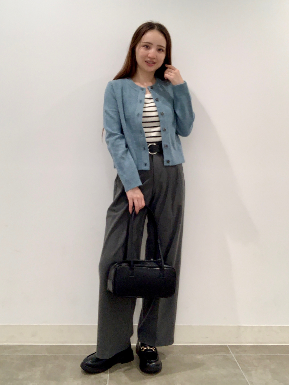 リブニットボーダースクエアネックタンクトップ、フロントジップシャツ