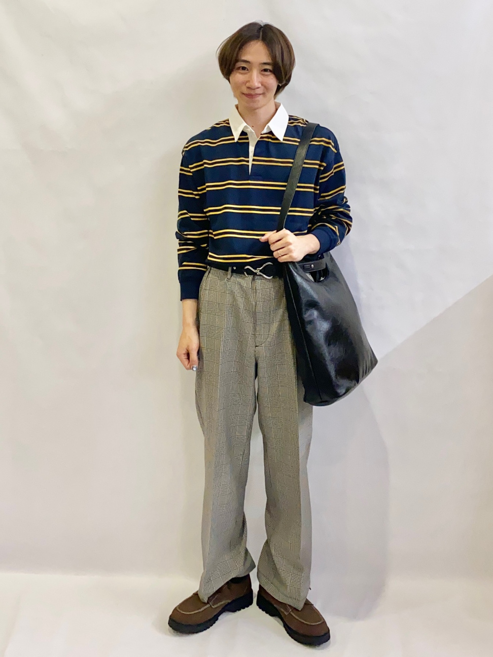ラガーシャツ(ボーダー)、ワイドスラックス(チェック)(丈標準69.5