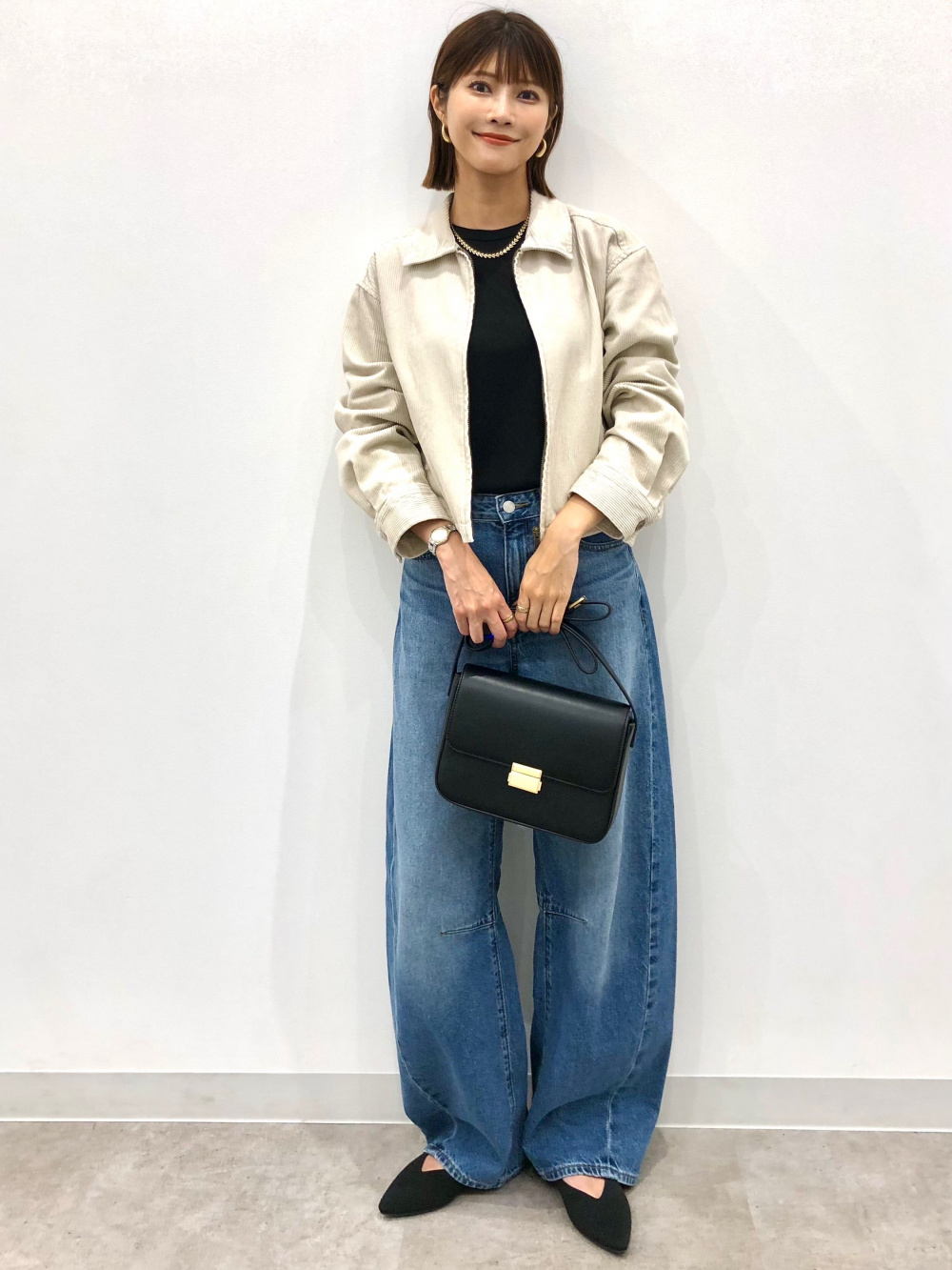 リブクロップドT(長袖)、オープンカラーボクシーチェックシャツ(5分袖