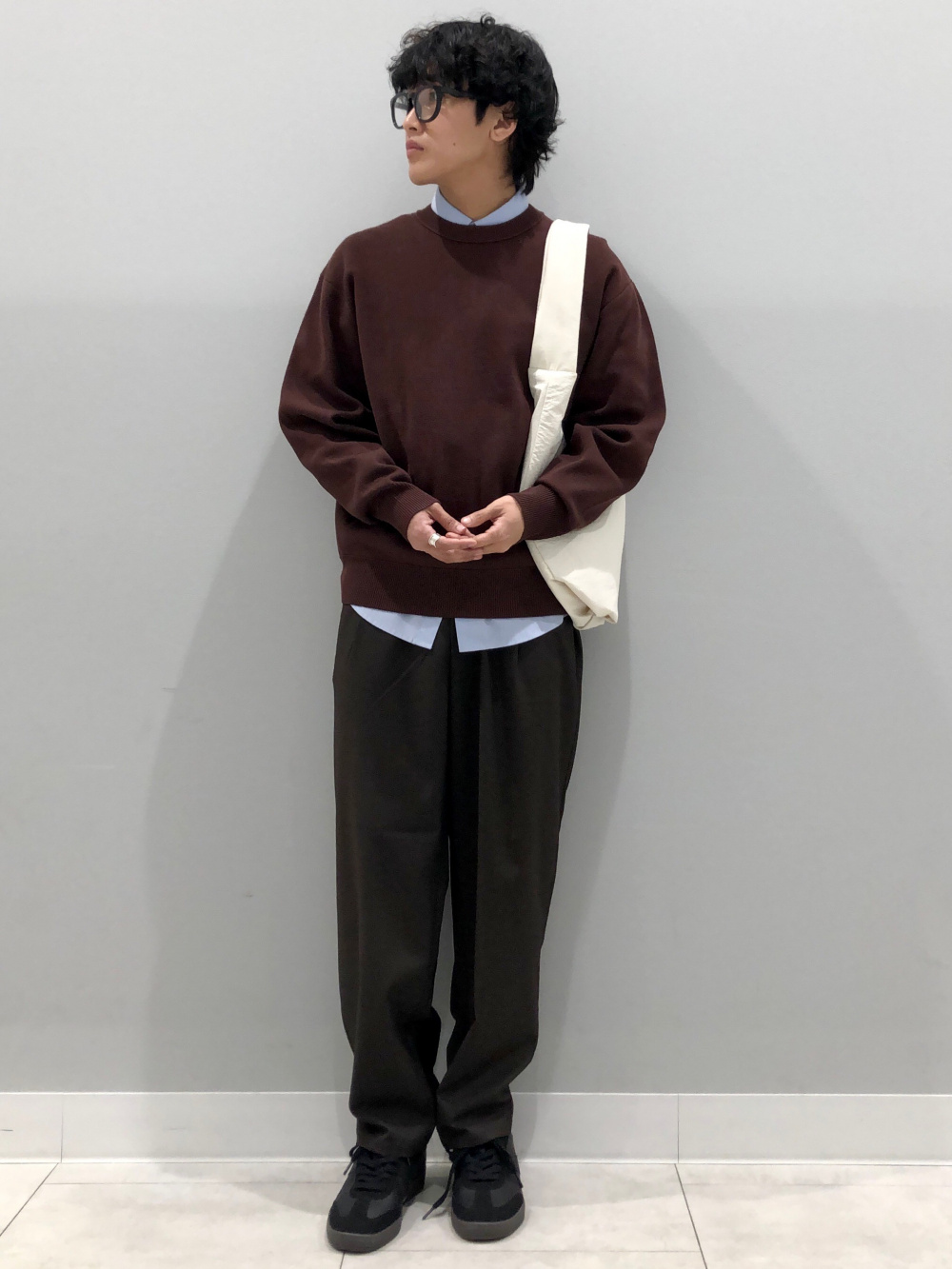 ハーフジップスウェT(5分袖)Q、コットンクルーネックT」の着用