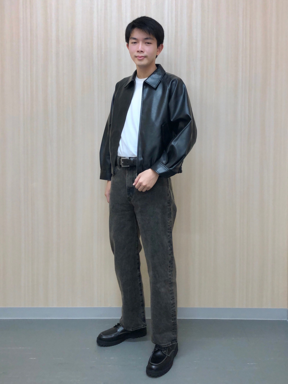 ソフトコットンクルーネックT(長袖)、フェイクレザーハリントン 