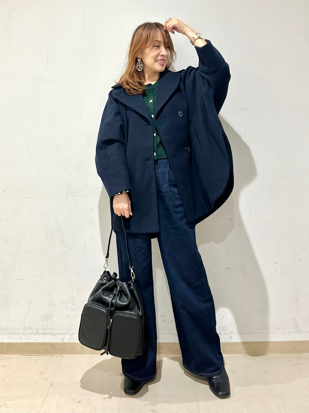 コージーメルトンケープコートZ+E、ケーブルメタルボタンカーディガン