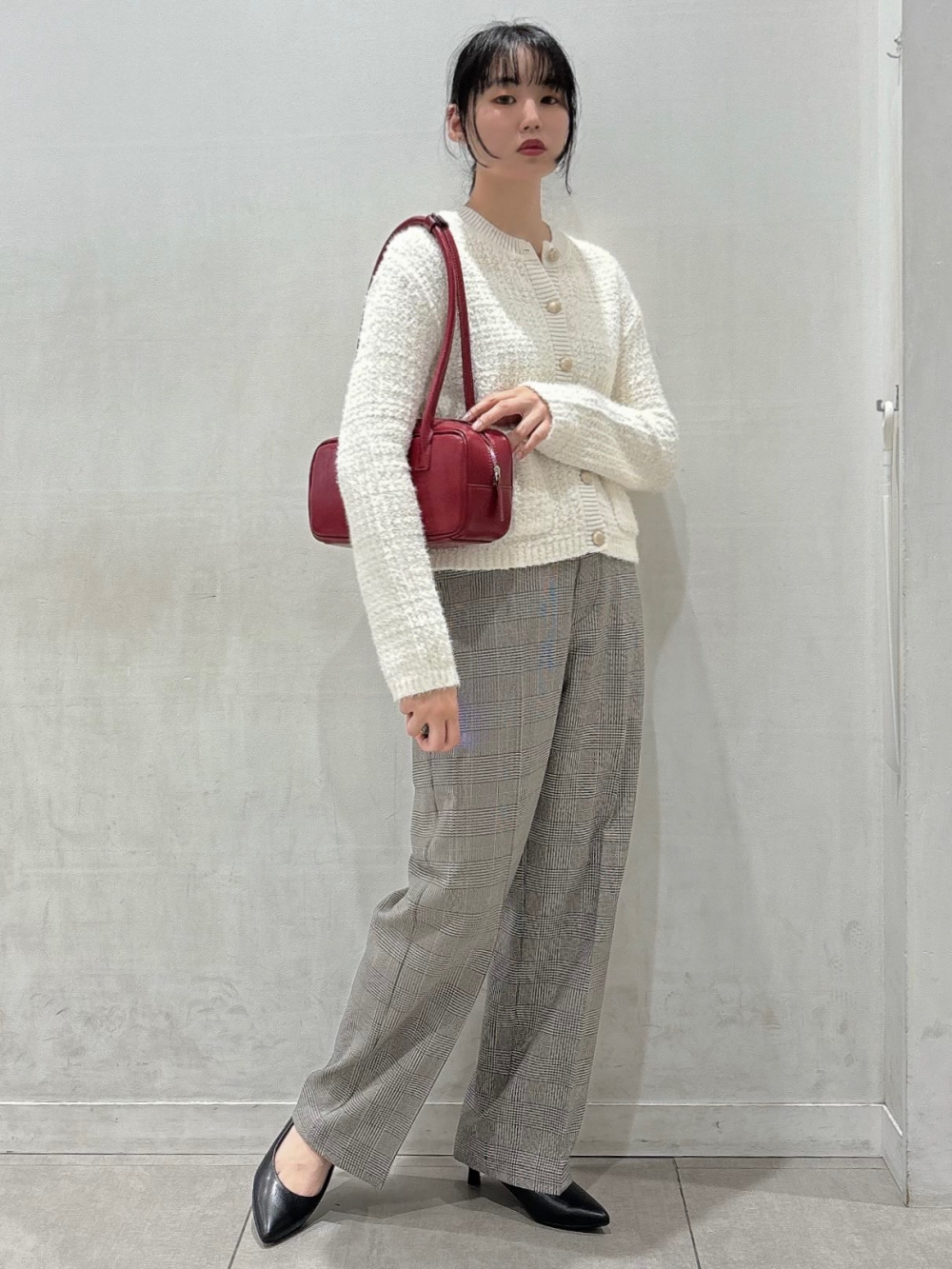 ニットポロカーディガン(アーガイル)、ワイドスラックス(チェック)(丈