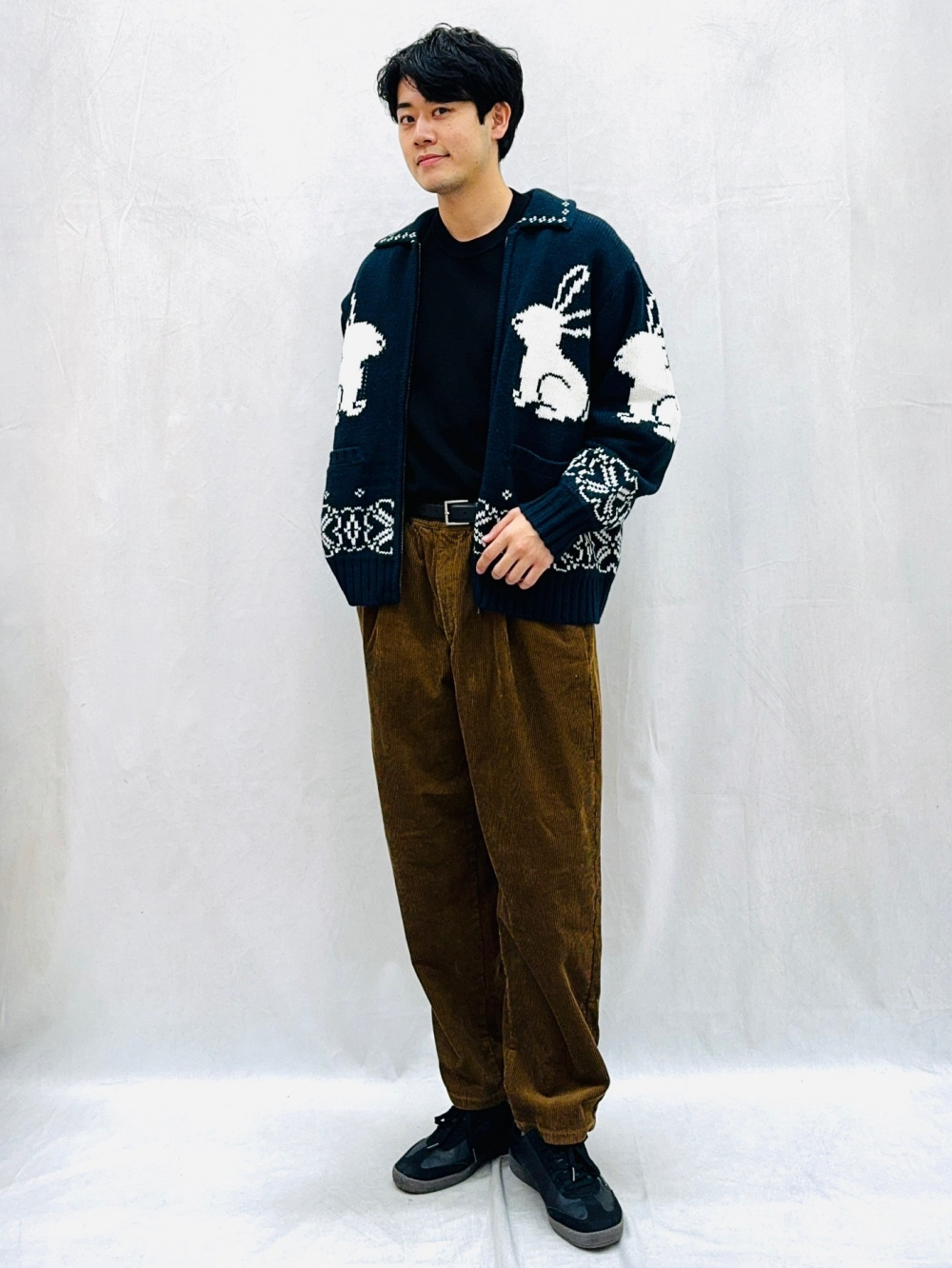 rokh x gu コラボ☆L☆フルジップ ニットジャケットセーター☆ネイビー グラフィックT by rokh +X、フルジップニットジャケット by rokh