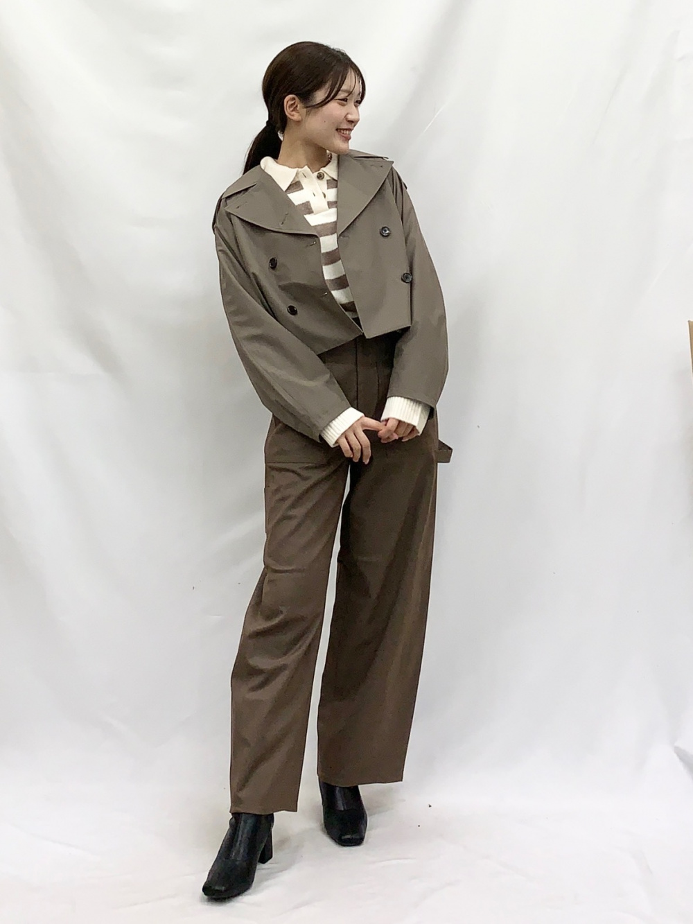 Ribbed Knitted Striped Button Sleeve Pullover/Z、Trench Skirt/by