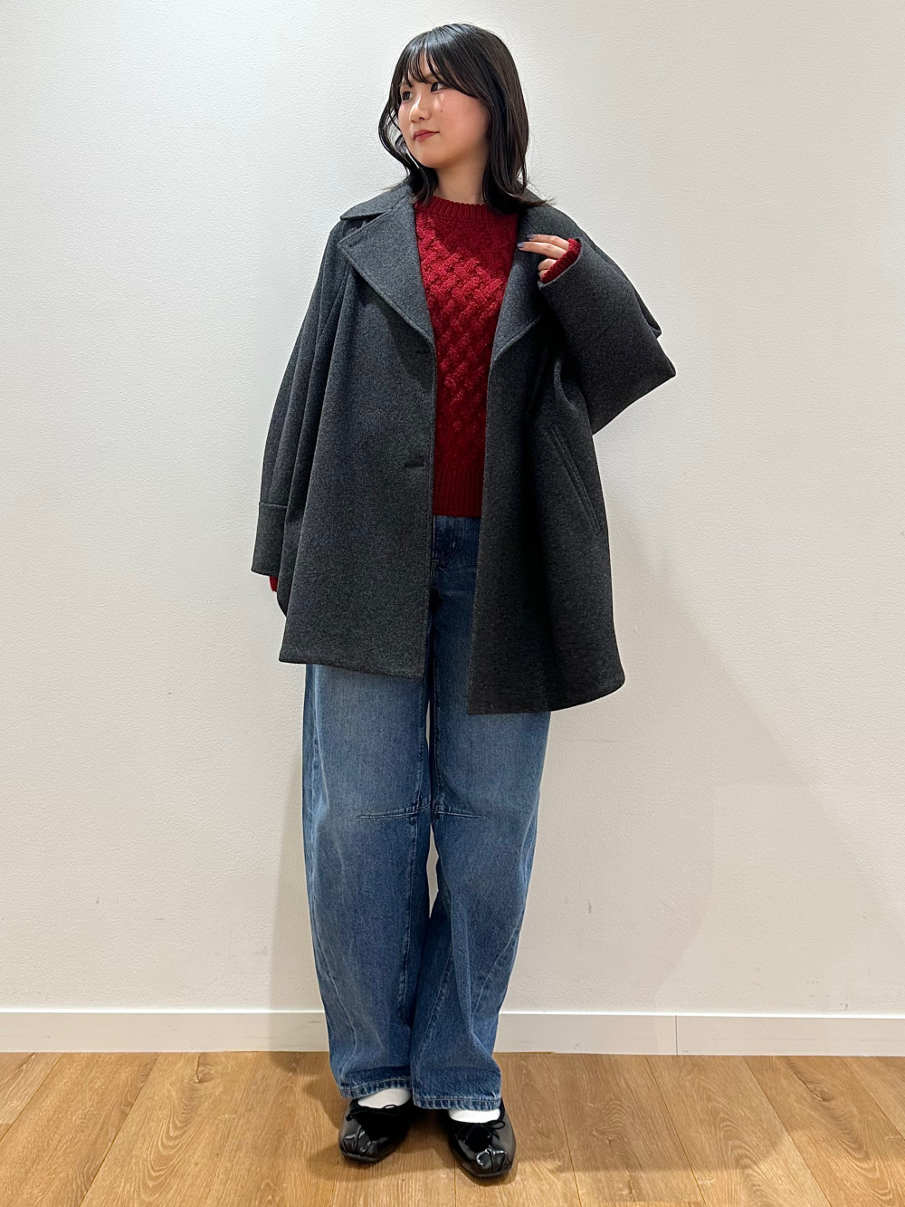 コージーメルトンケープコートZ+E、ケーブルクルーネックニットプル