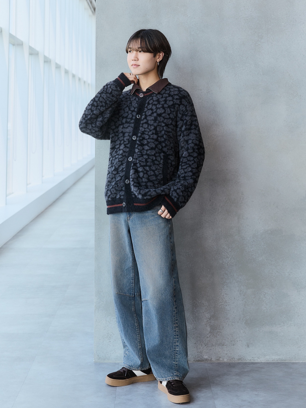 リブダブルジップカーディガン、シャギークルーネックカーディガン