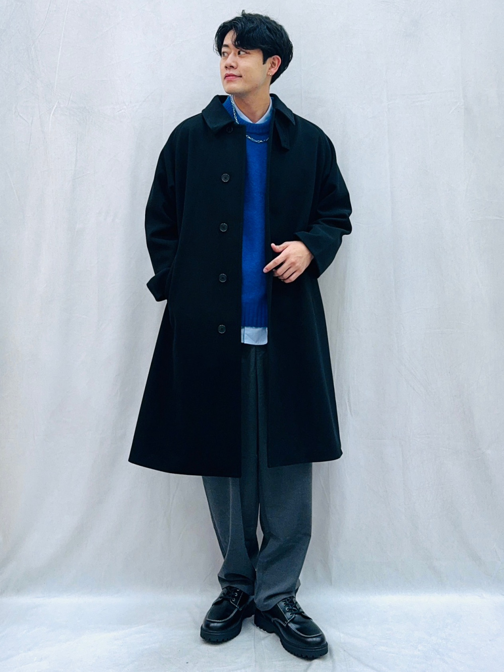 デニムパデッドジップアップパーカ、キャロットスラックス(丈標準69.5