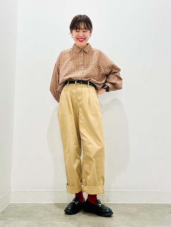 ドルマンスリーブチェックシャツ（レディース）の着用コーディネート