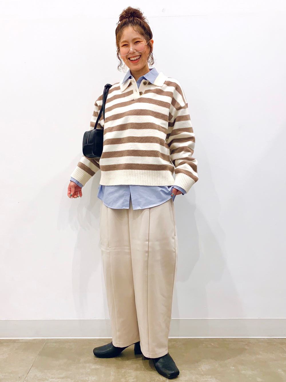 パフニットボーダーポロシャツ、タックワイドパンツ(丈標準70.0～74.0