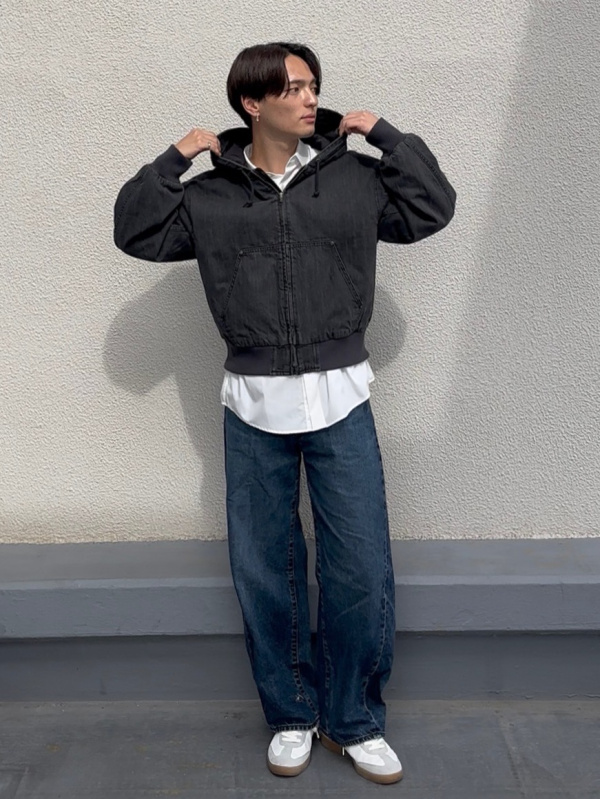 An outfit using Denim Padded Zip Up Parka and Cotton Color Ribbed