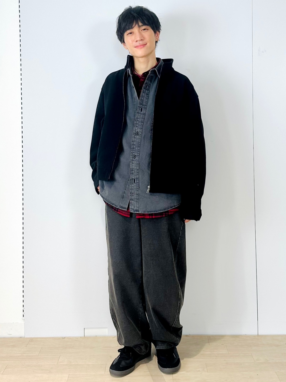 グラフィックT UNDERCOVER 1、フランネルシャツ(チェック2)」の着用