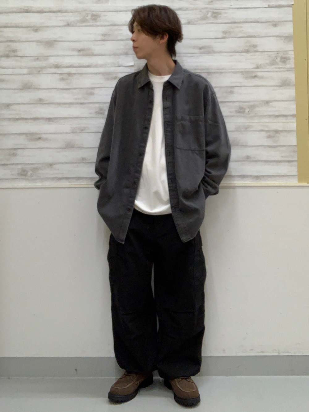 ソフトコットンクルーネックT(長袖)、デニムオーバーサイズシャツ」の