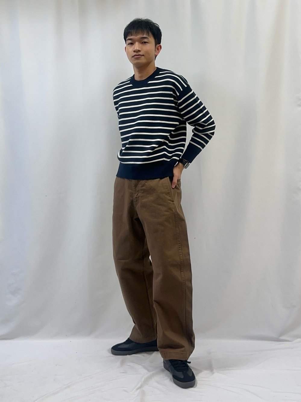 ヘビーコットンバレルレッグパンツ+E」の着用コーディネート| ジーユー