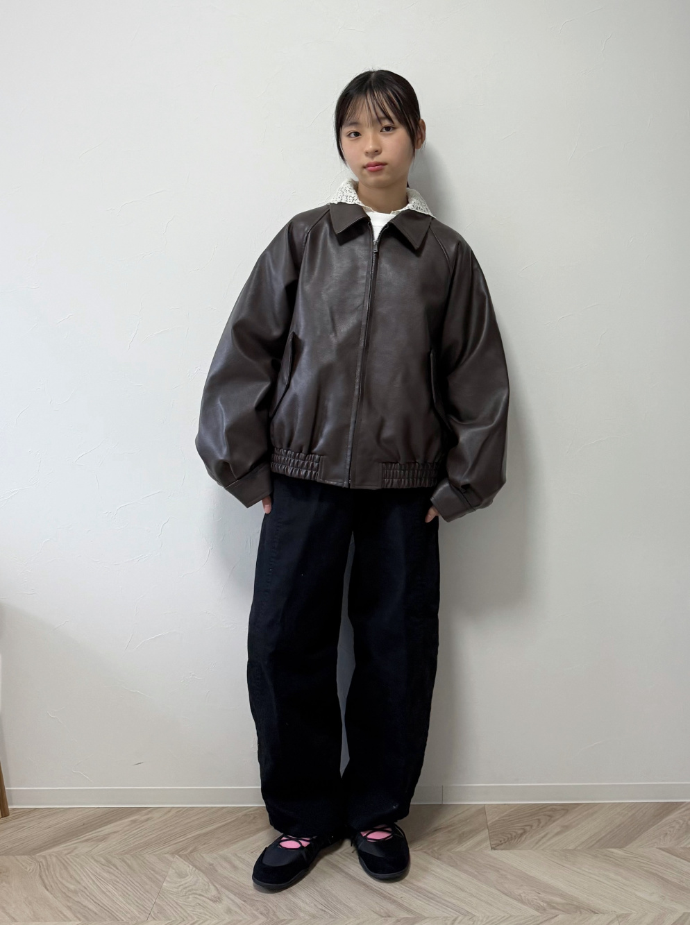 レザー ハリントンジャケット ブラック GU公式 | フェイクレザーハリントンジャケット