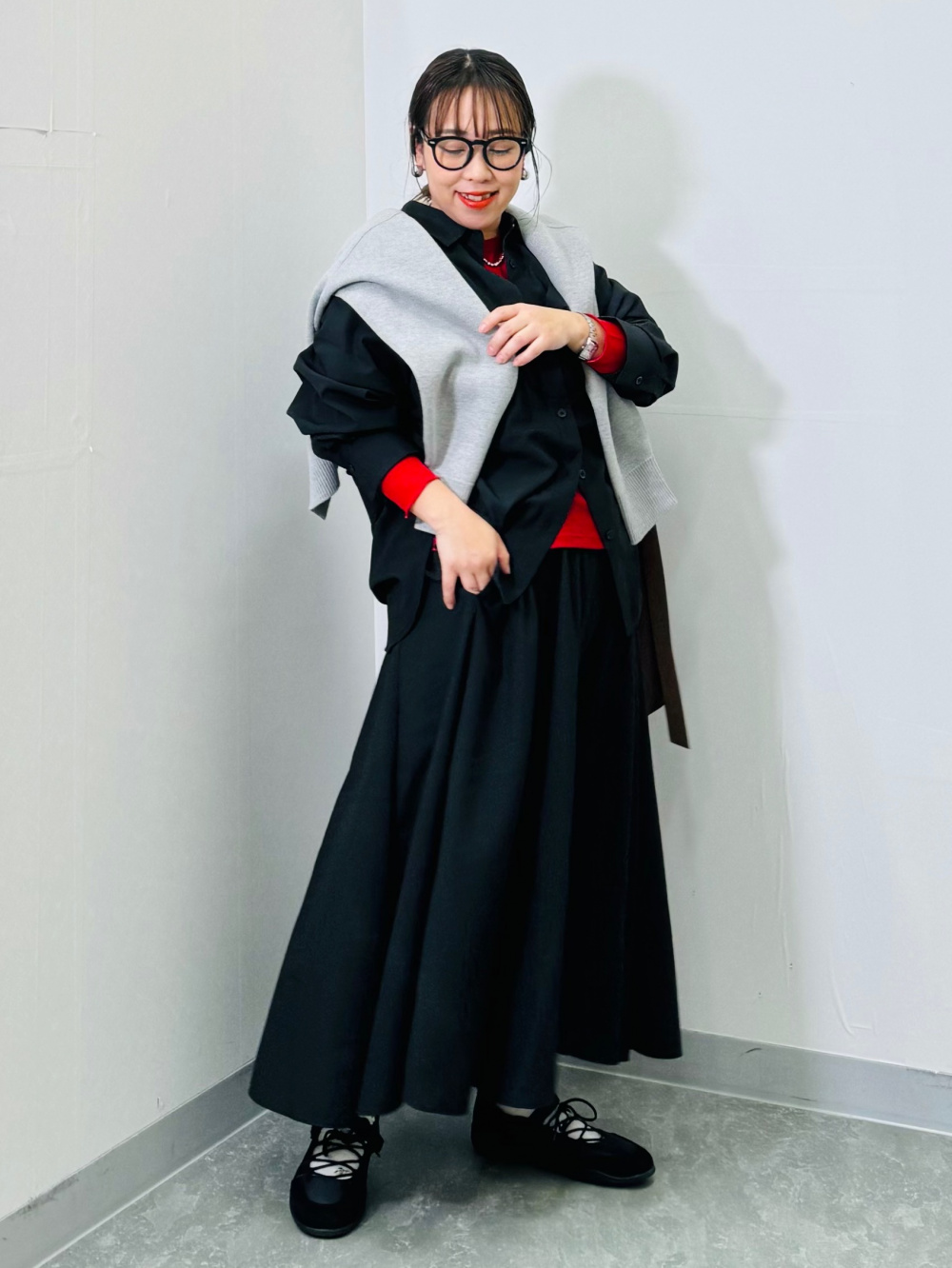 ソフトシアークルーネックT(長袖)、デニムオーバーサイズシャツ」の