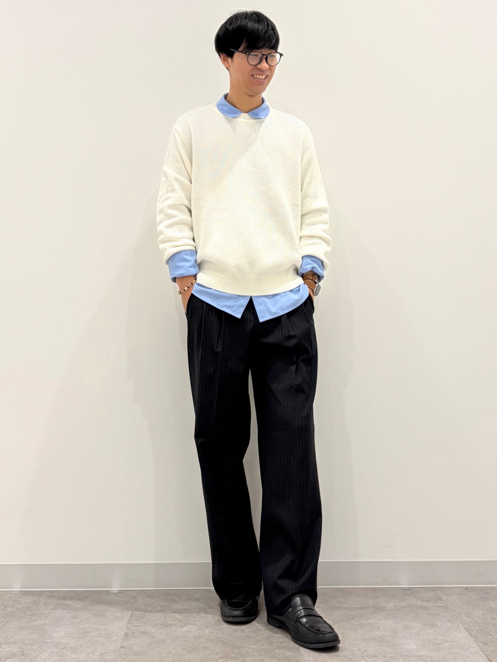 タックワイドパンツ(ストライプ)(丈標準70.0～74.0cm)」の着用