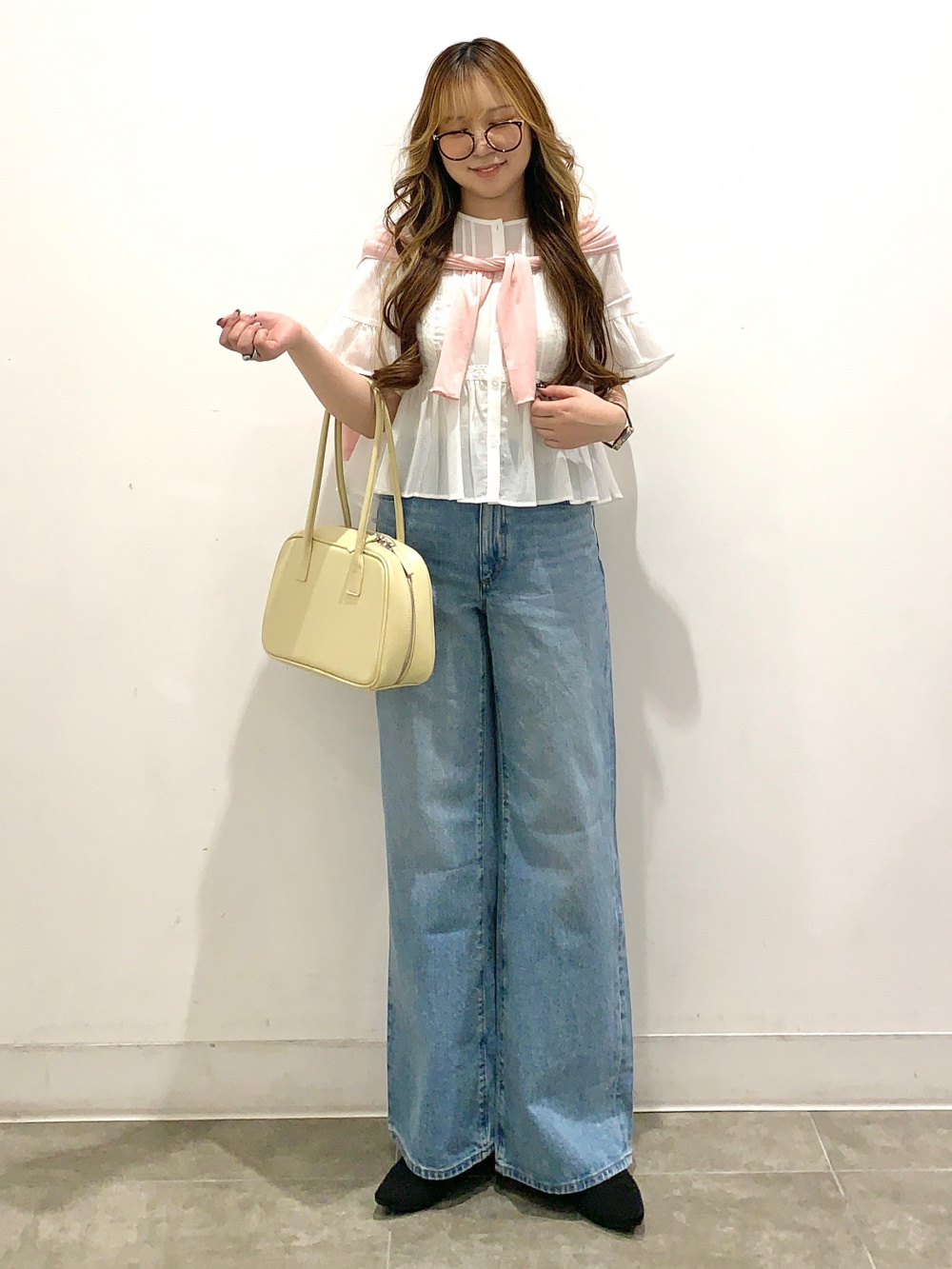 Check styling ideas for「Sheer Dolman Sleeve Shirt、Pleated Wide