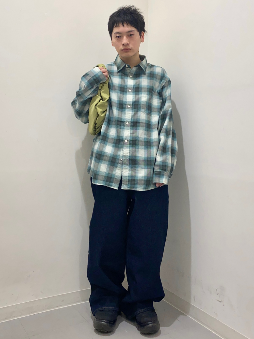 Check styling ideas for「Cotton Zip Up Jacket、Ombre Checked Shirt