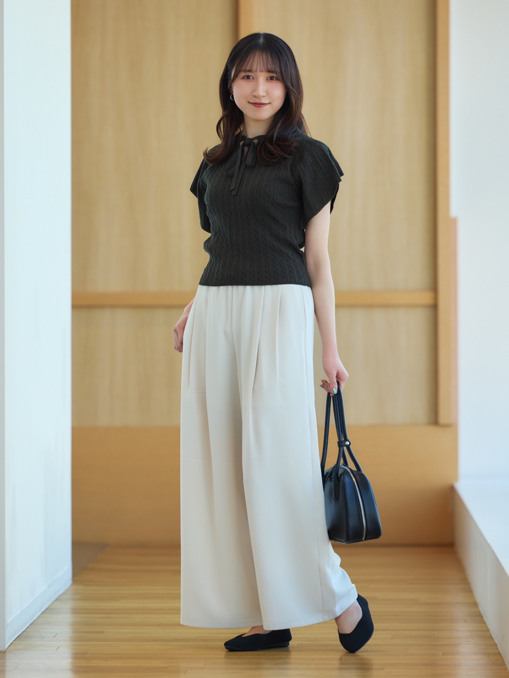 ____369！　　高さを140cm Draped Wide Pants、Washable Knitted Striped T-Shirt/HalfSlv」| GU