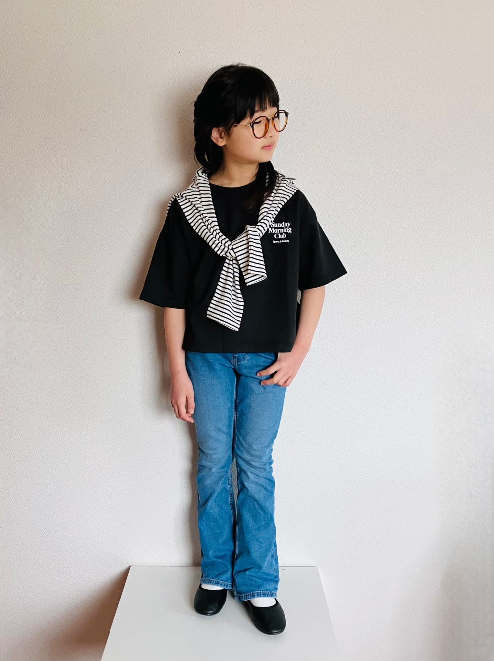 GIRLSリブメローT(半袖)、GIRLSストレッチスリムフレアジーンズ」の