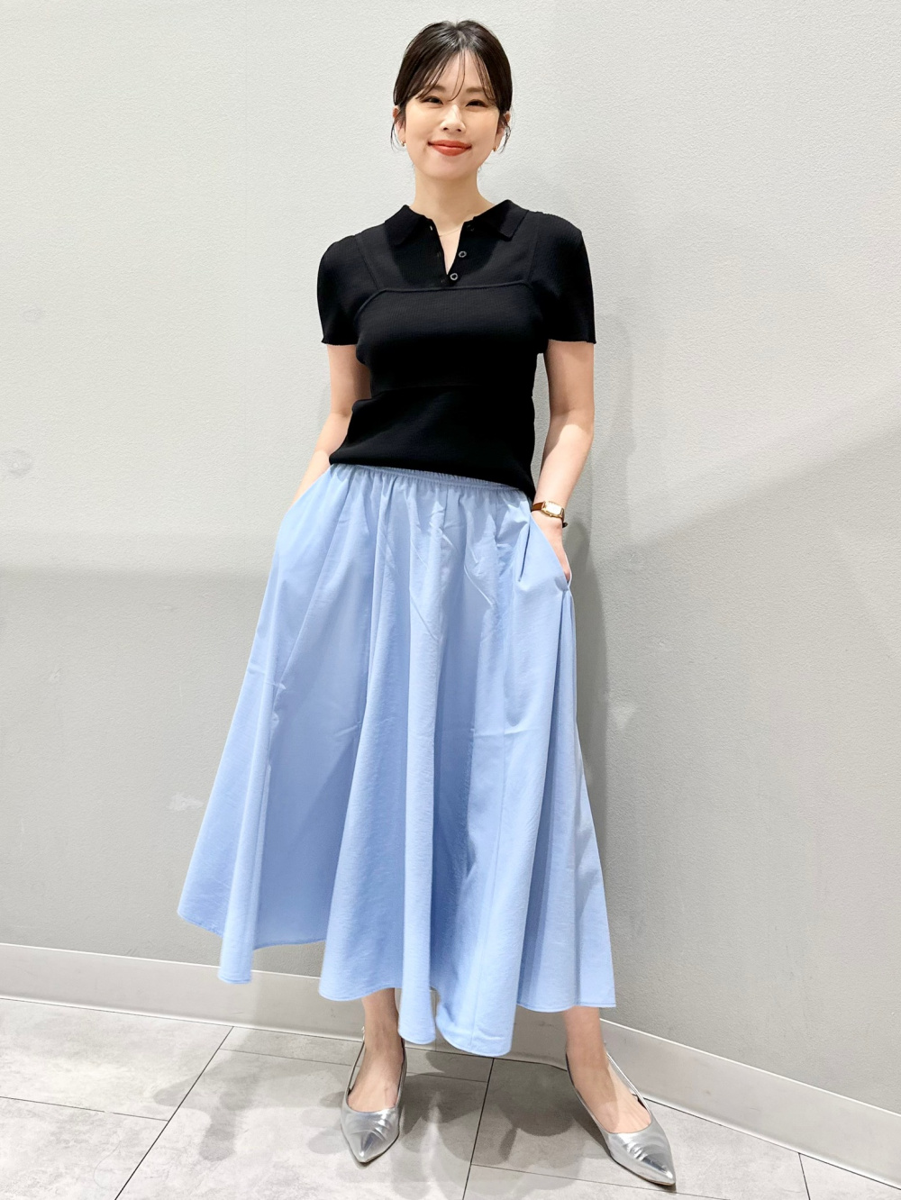 Circular Midi Skirt、2 Piece Ribbed Knitted Polo Shirt/S by rokh