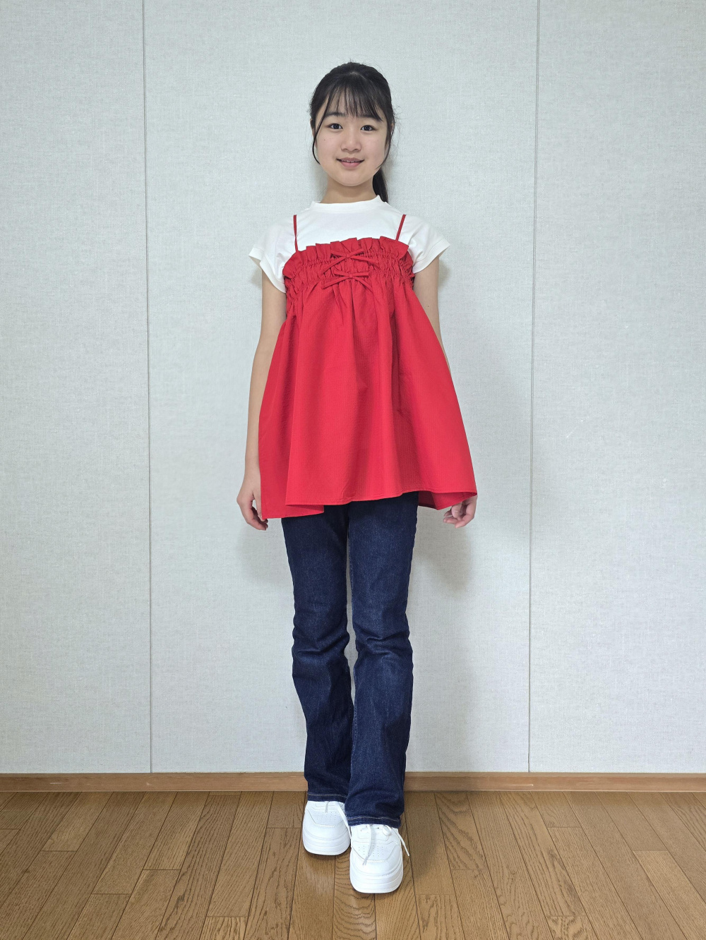 GIRLSリブメローT(半袖)、GIRLSストレッチスリムフレアジーンズ」の