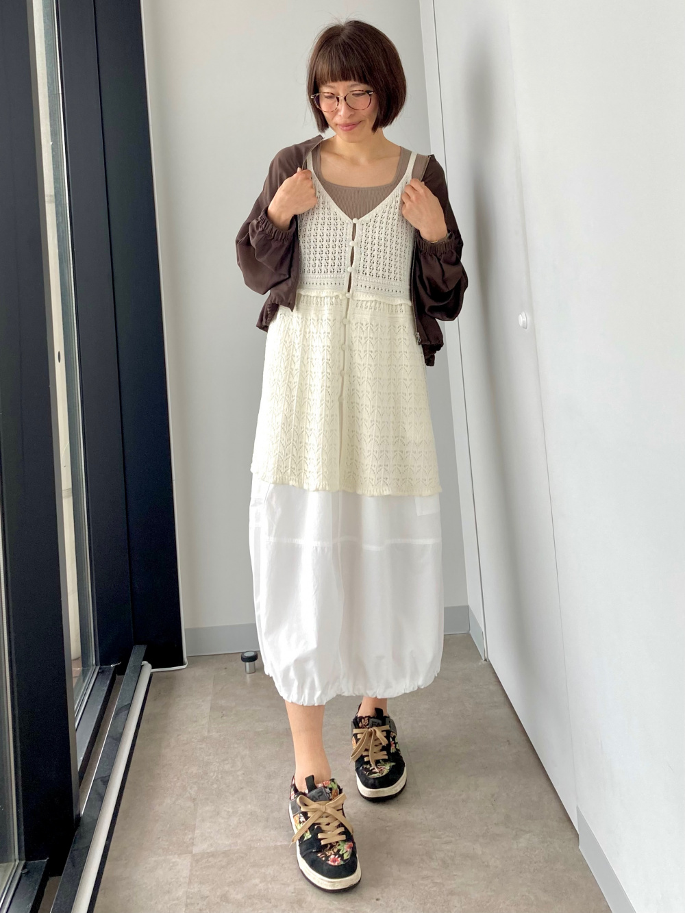 Soft Sheer Crew-Neck T-Shirt/Q、Lacy Stitch Knitted Camisole Tunic