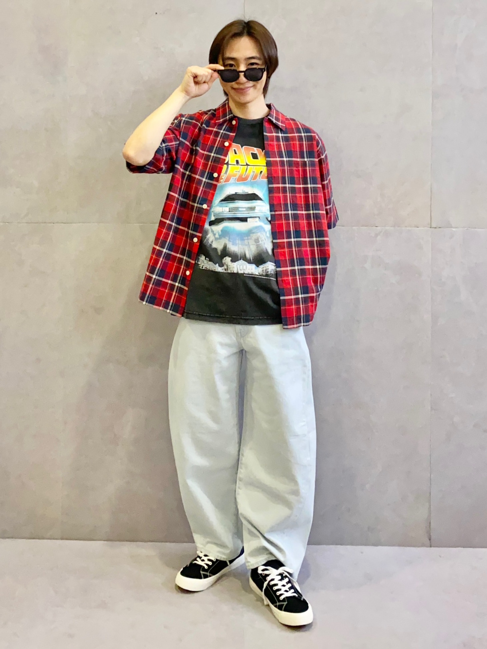 コットンチェックシャツ　パンツ コットンチェックシャツ、タックワイドパンツ(丈標準70.0～74.0cm)」の
